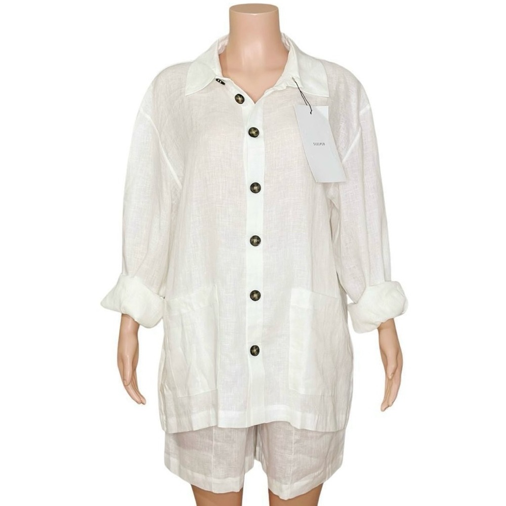 SLEEPER Linen Pajama Set With Shorts, White, XS/S - Picture 7 of 14